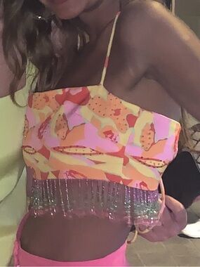 Show Me Your MuMu Pink Orange Yellow Floral Beaded Fringe Crop Top